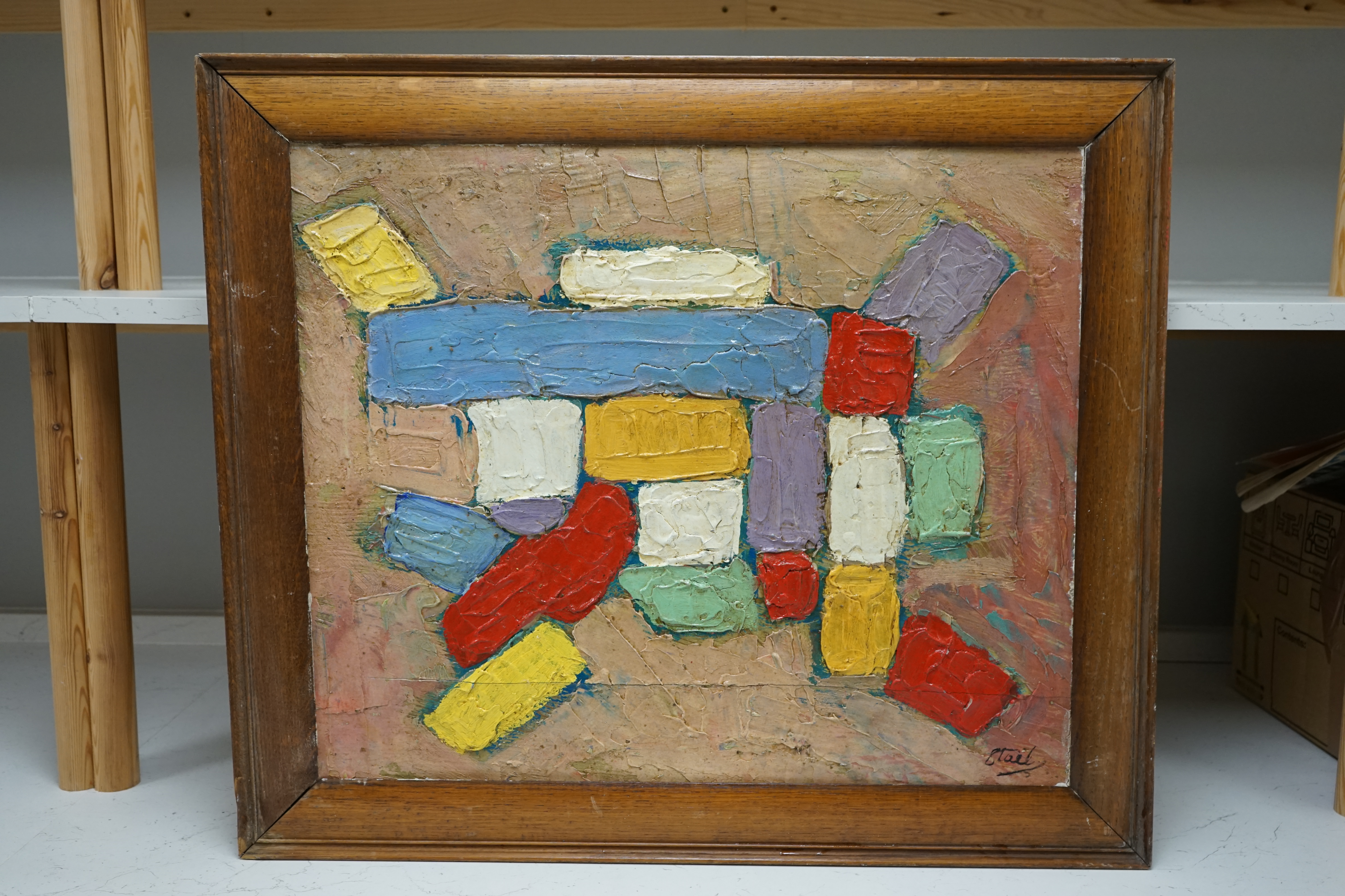 A decorative impasto oil on board, abstract composition, Geometric shapes, 53 x 64cm. Condition - fair